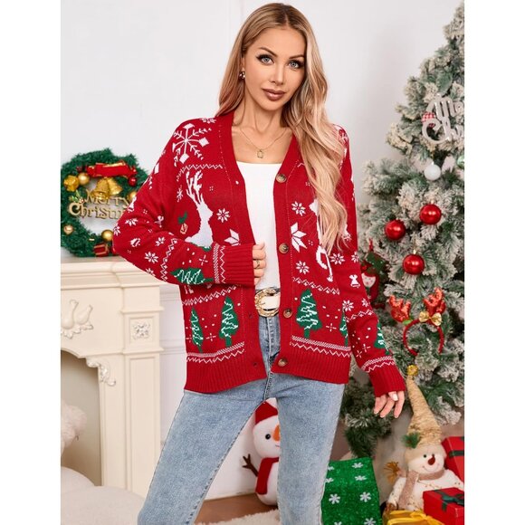 Women's Ugly Christmas Sweater Animal Tree Knit Cardigan Open Front Small - Picture 2 of 9
